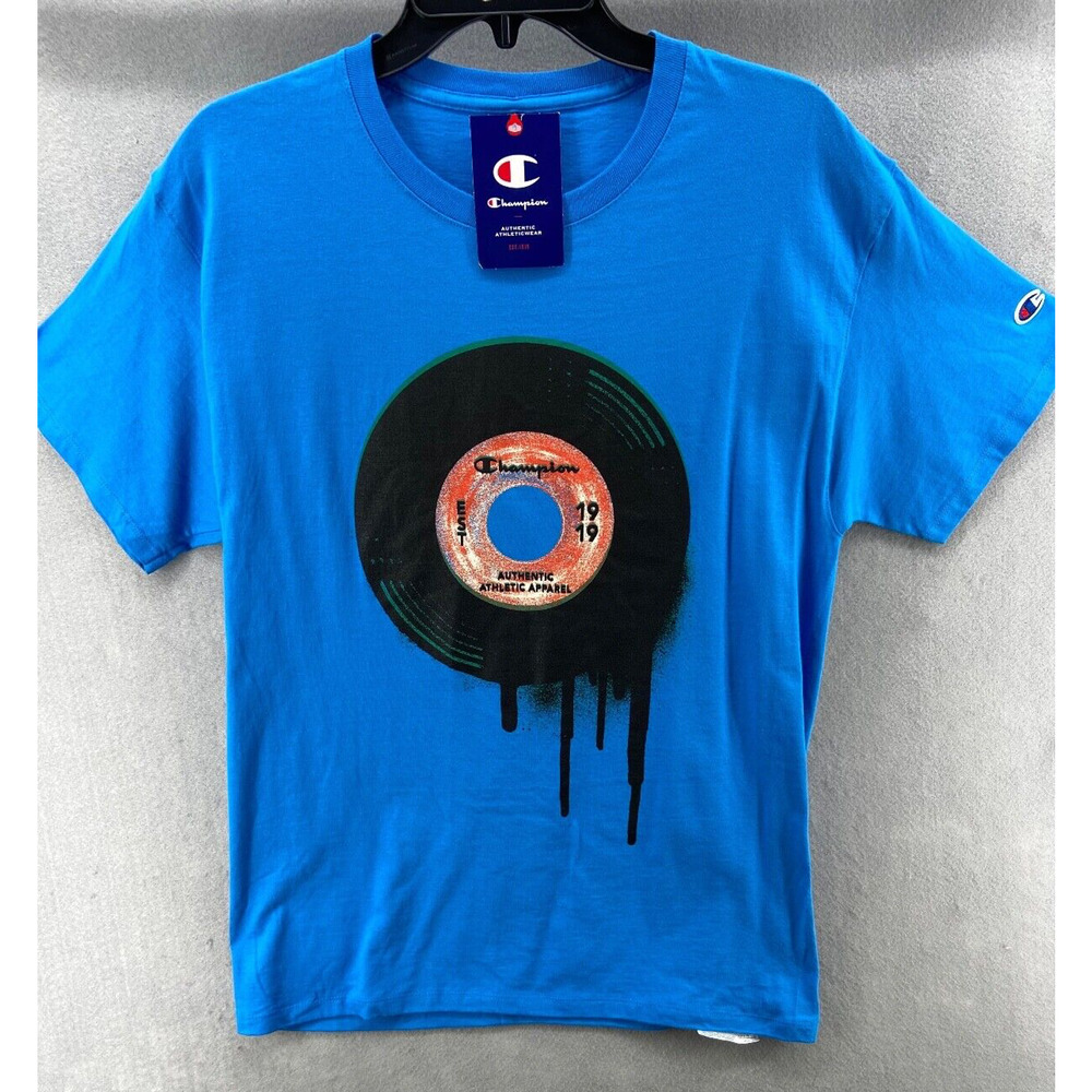 NWT Champion T-Shirt Mens M Blue Classic Graphic Vinyl Record Pullover Crew Neck